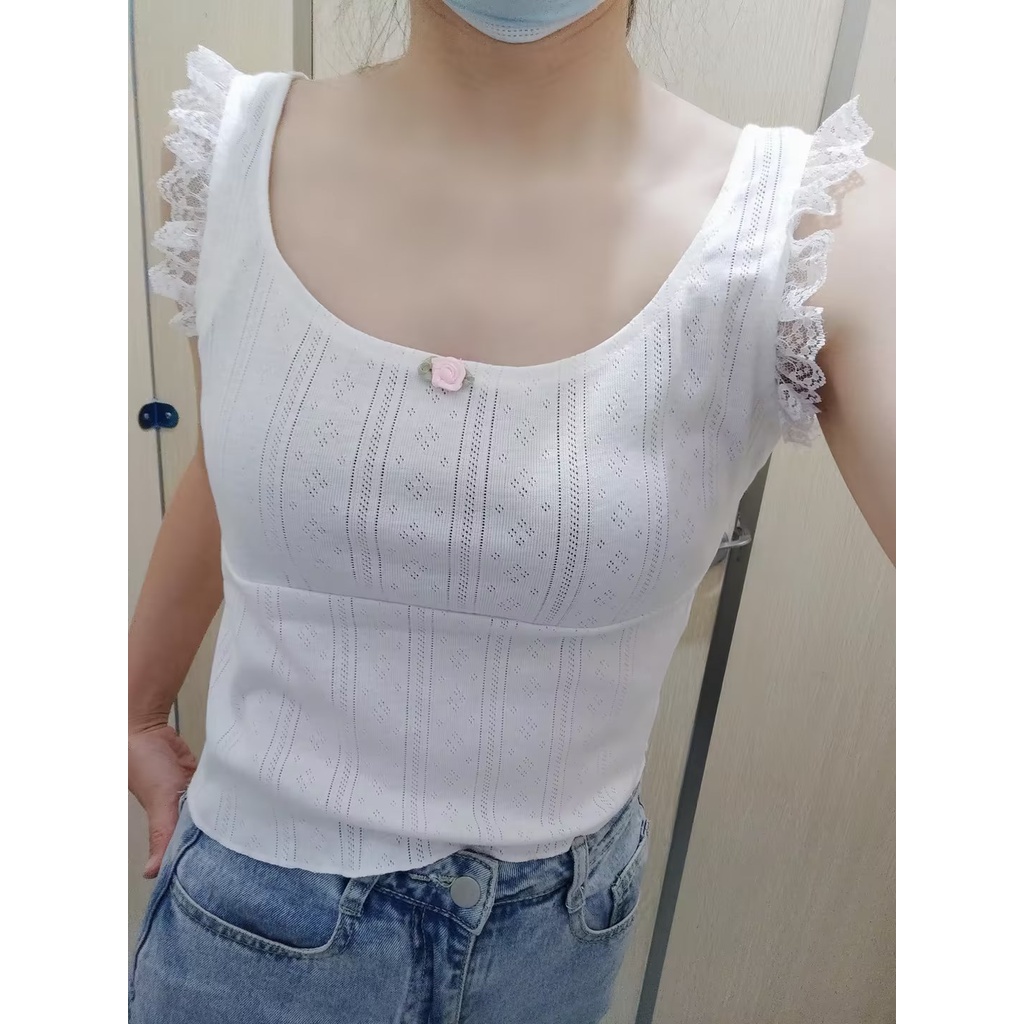 Áo Crop Top Y2K Phối Ren Màu Trắng Sữa Phong Cách Vintage Thập Niên 90 Dễ Thương