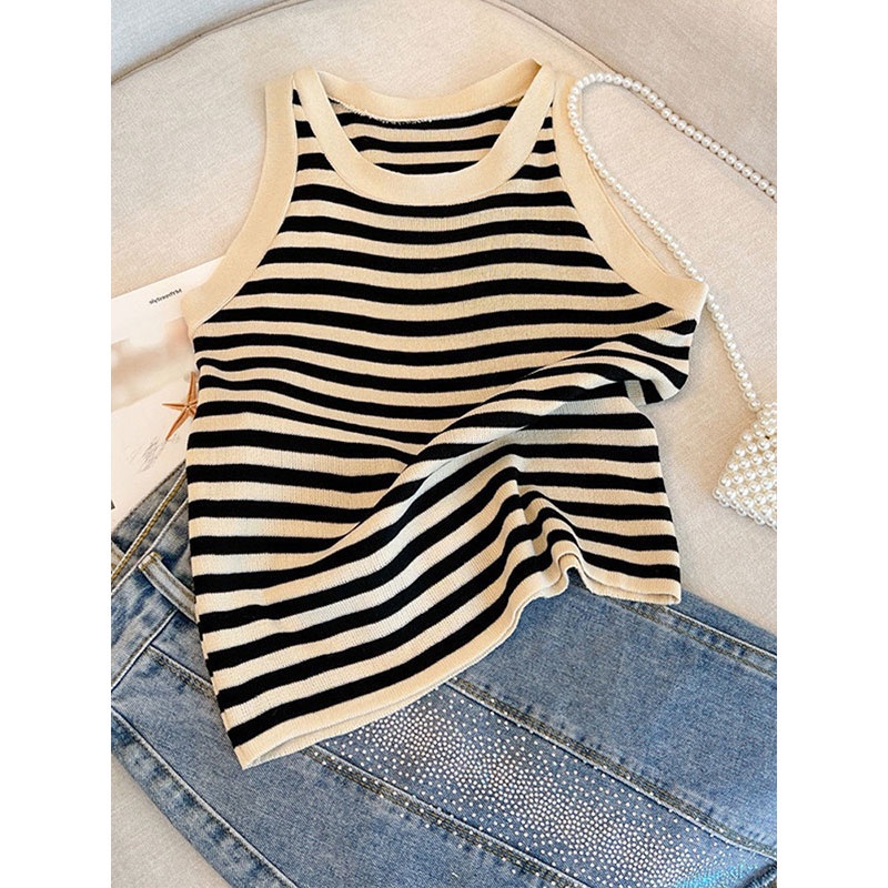 Áo Dệt Kim Không Tay Họa Tiết Kẻ Sọc Thời Trang Hàn Quốc Cho Nữ