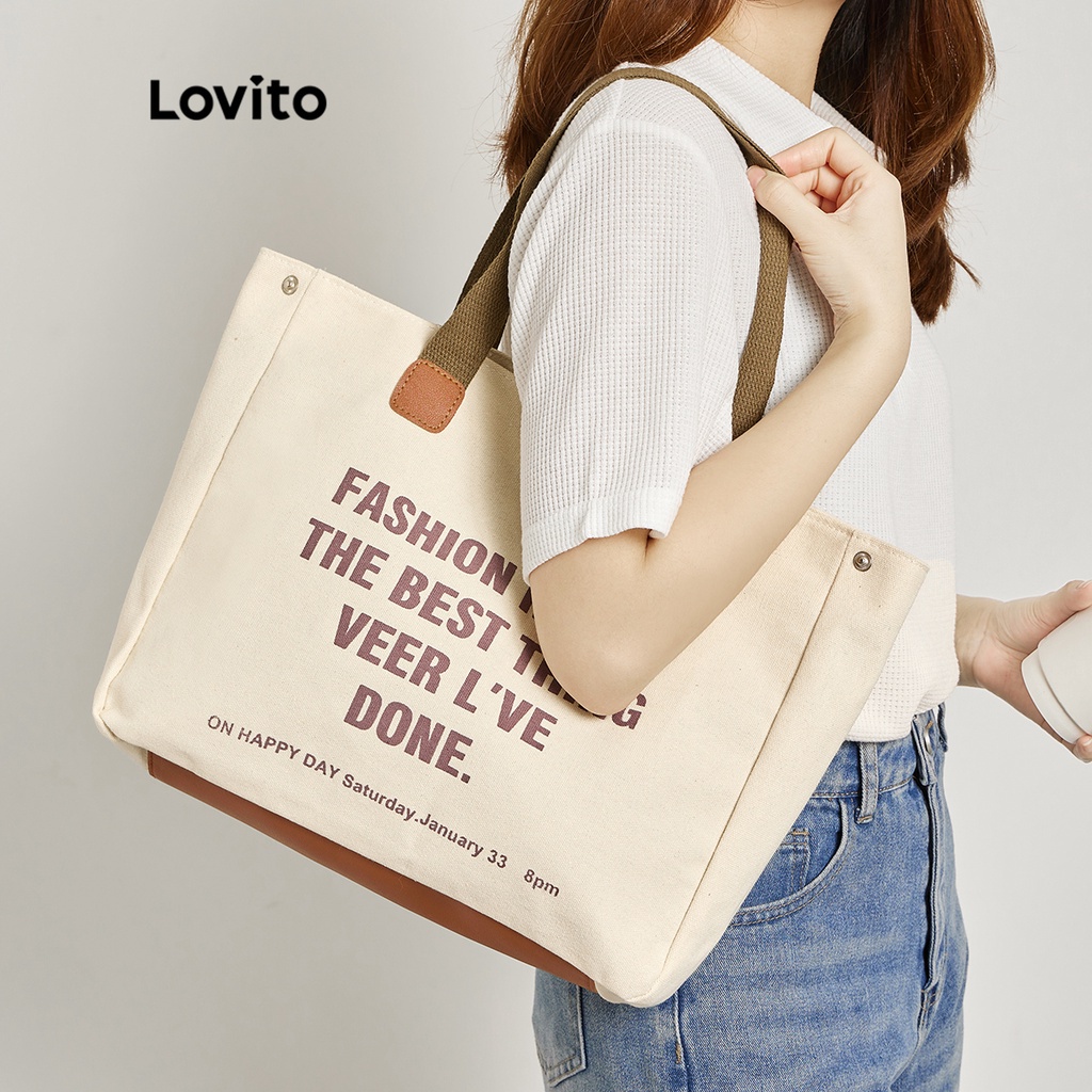 Túi tote LOVITO sức chứa lớn canvas dây tương phản đính đá chữ cái thường ngày cho nữ L46BA003 (kaki/ trắng ngà/ đen)