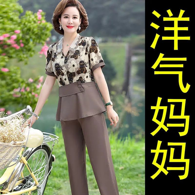◐❈Thời trang mùa hè cho phụ nữ trung niên bộ quần áo ngắn tay cho mẹ trung niên và người già mùa hè áo khoác hai mảnh ph