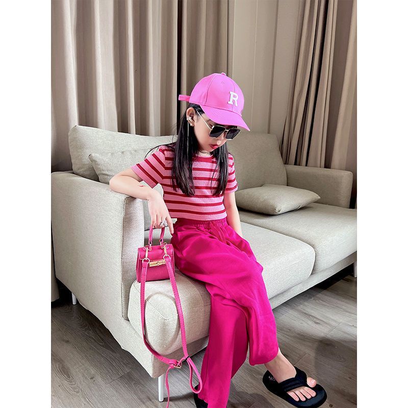 Set Áo Thun Ngắn Tay Sọc Ngang + Quần Lửng Ống Rộng Thời Trang Cho Bé Gái