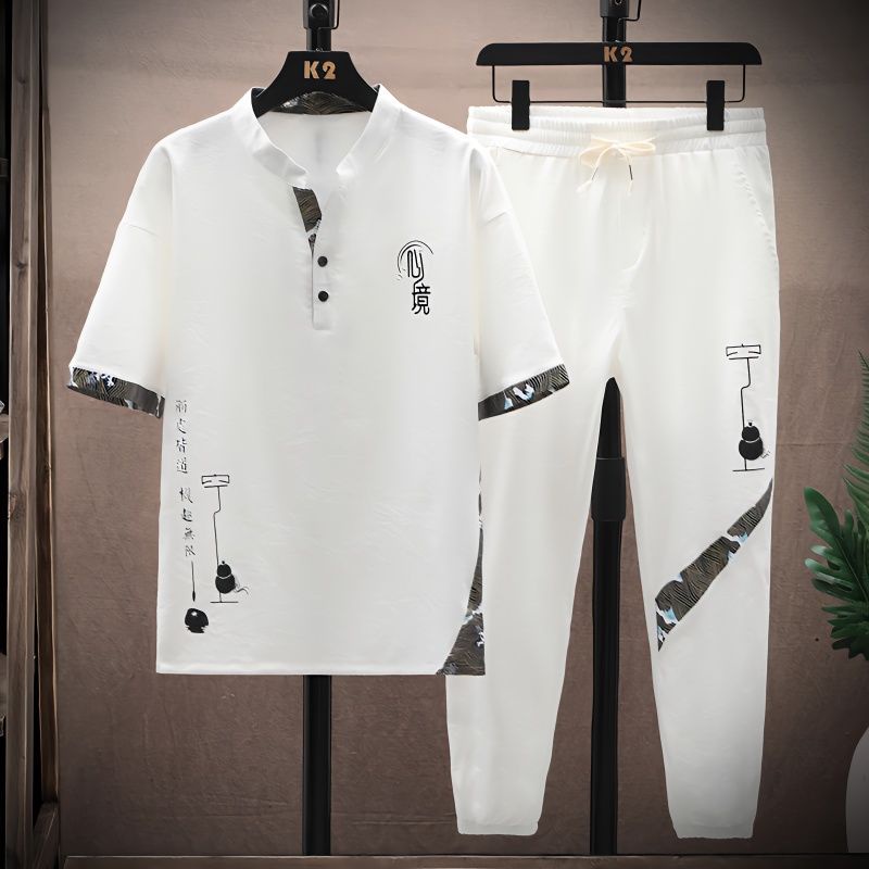 Trang phục nam mới M-4XL quần dài tay ngắn rộng rãi phong cách retro Trung Quốc mát mẻ thời trang quốc gia thể thao giản dị bộ đồ hai mảnh nam