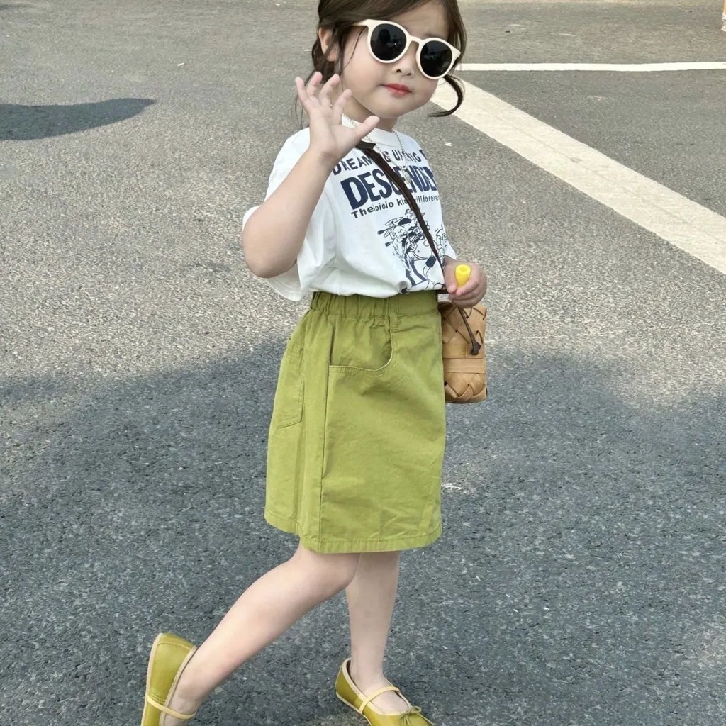 Set Áo Thun Ngắn Tay Và Chân Váy Ngắn In Họa Tiết Phong Cách Hàn Quốc Thời Trang Mùa Hè Cho Bé Gái