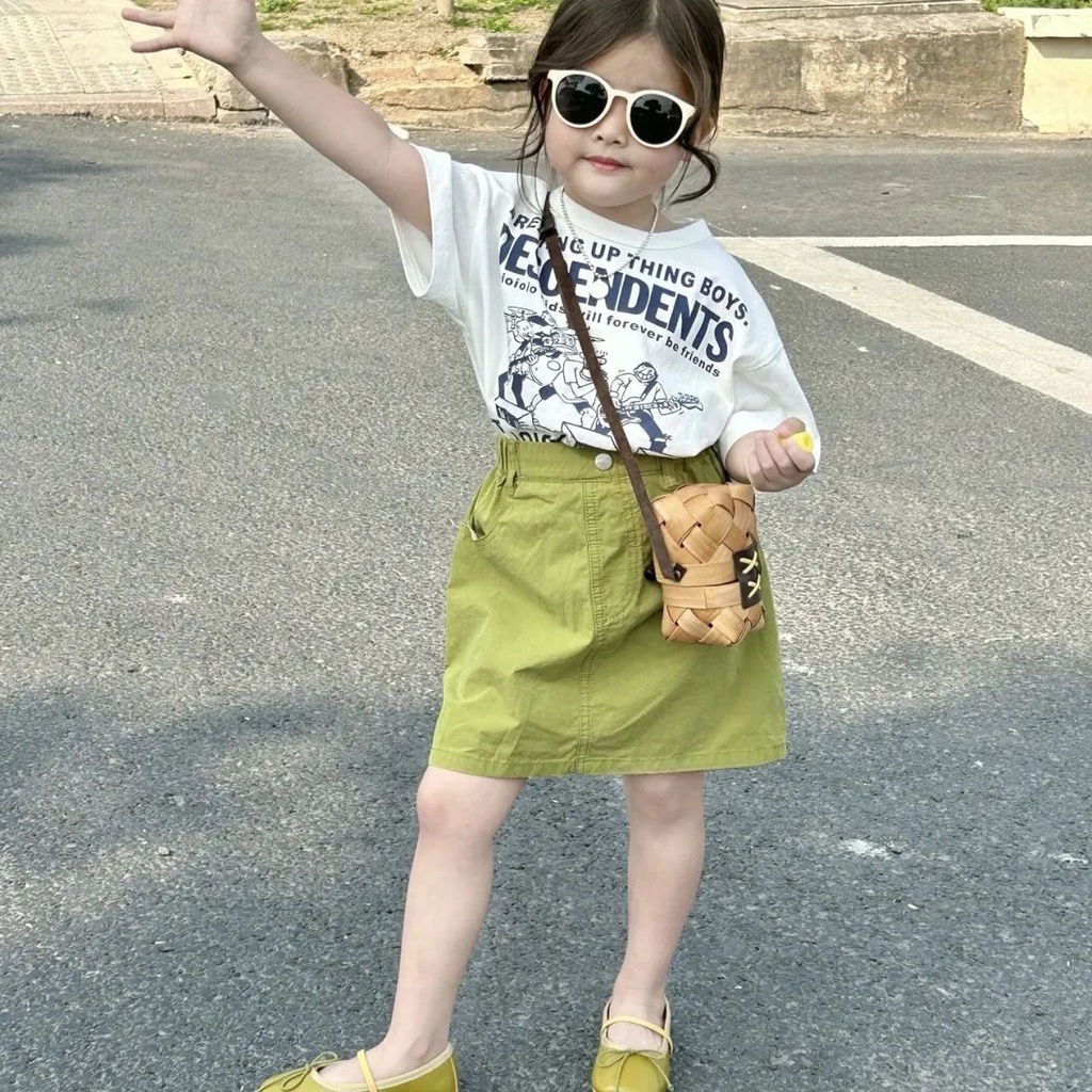 Set Áo Thun Ngắn Tay Và Chân Váy Ngắn In Họa Tiết Phong Cách Hàn Quốc Thời Trang Mùa Hè Cho Bé Gái