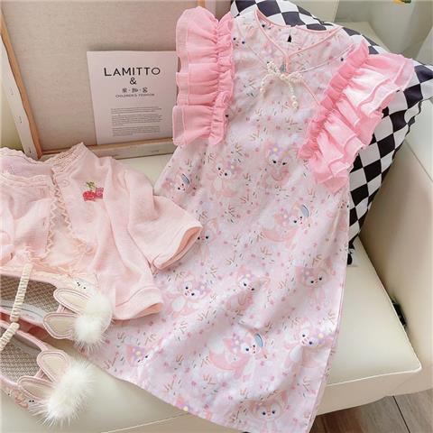 Đầm Sườn Xám In Họa Tiết Hoạt Hình Phối Bèo Dễ Thương Thời Trang Mùa Hè Cho Bé Gái