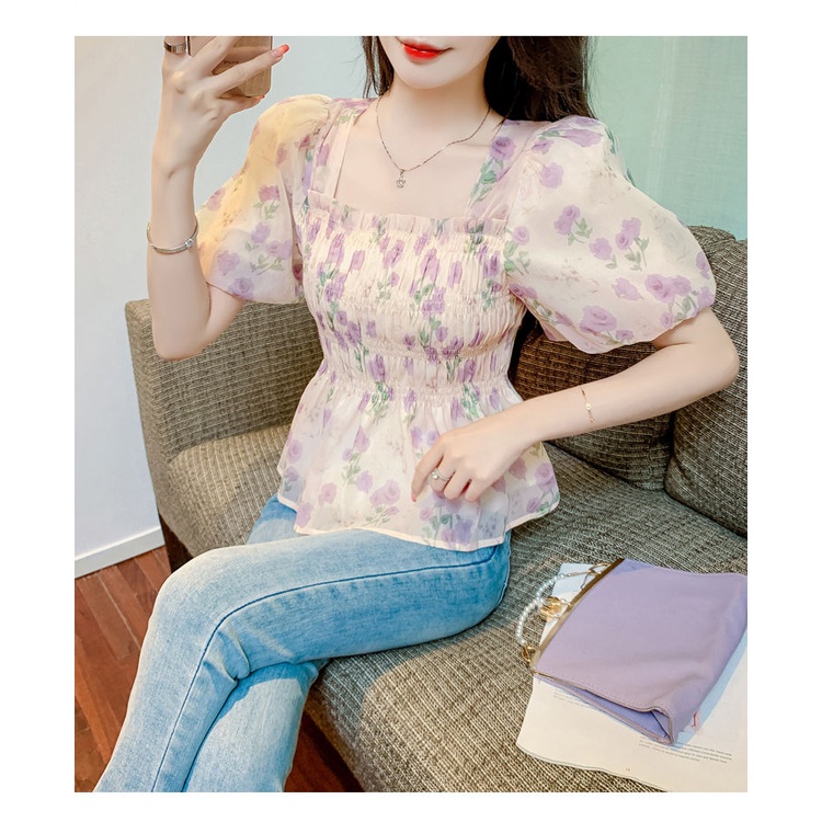 Áo Sơ Mi Chiffon Cổ Vuông Tay Phồng In Họa Tiết Hoa Thời Trang Mùa Hè Cho Nữ
