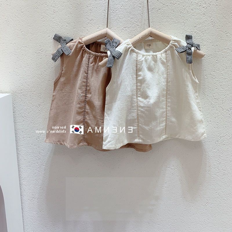 Áo Sơ Mi Vải Lanh Cotton Không Tay Dễ Thương Phong Cách Hàn Quốc Cho Bé Gái