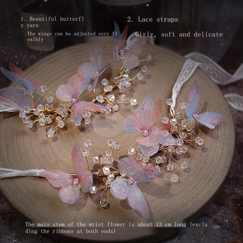 Vòng Đeo Tay Cô Dâu Đính Pha Lê Hình Hoa Bướm Màu Hồng / Xanh Dương Lấp Lánh