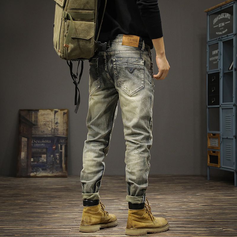 Quần Jean Rách Dáng Ôm Thời Trang Retro Mỹ Cá Tính Cho Nam