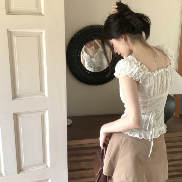 Áo Thun Tay Ngắn Phối Ren Màu Trơn Dáng Ôm Thời Trang Hàn Quốc Cho Nữ