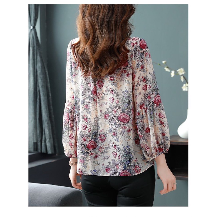 Áo Sơ Mi Voan Hoa Tay Dài Dáng Rộng Che Phủ Bụng Phong Cách Hàn Quốc Dành Cho Nữ