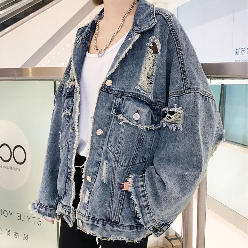 Áo Khoác Denim Dáng Rộng Phối Rách Kiểu Hip-Hop Hàn Quốc Thời Trang Cho Nam