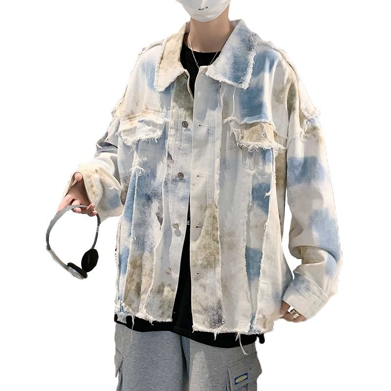 Áo khoác bò nhuộm cà vạt S-3XL cho nam áo khoác nam ăn mày làm cũ viền thô thường ngày thương hiệu sành điệu instagram rộng rãi phong cách Hồng Kông trào lưu phong cách Hàn Quốc cho nam