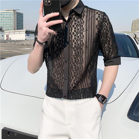 M-4XL hộp đêm áo sơ mi tay lỡ cá tính ren đẹp trai thời trang nam co giãn sành điệu