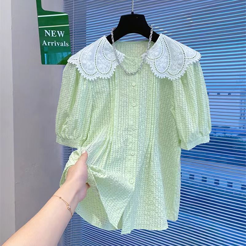 Áo Sơ Mi Tay Ngắn Phồng Cổ Búp Bê Phối Ren Phong Cách Phương Tây Cho Nữ