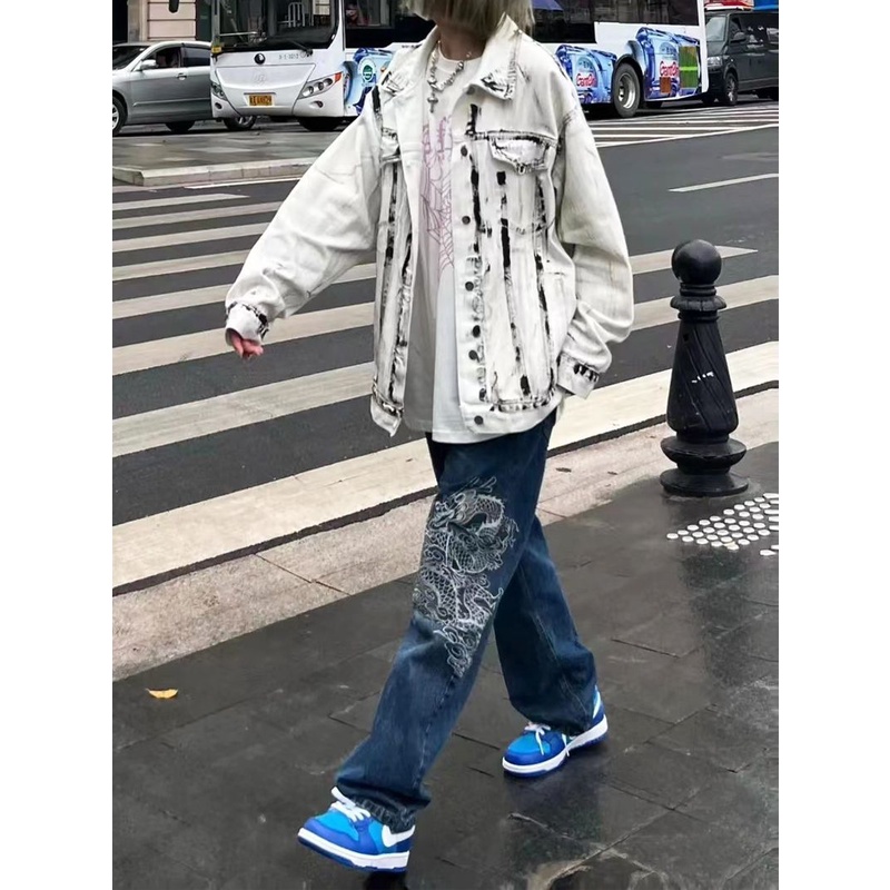 Quần Jeans Dài Thêu Hình Rồng Phong Cách Âu Mỹ Cho Nam Nữ