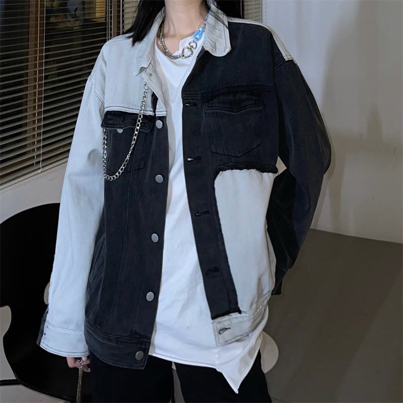 Áo Khoác Denim Tay Dài Màu Sắc Tương Phản Phối Dây Xích Thời Trang Xuân Thu Cao Cấp