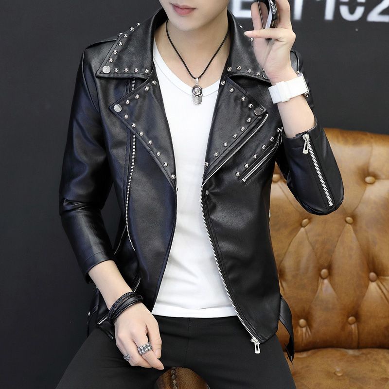Áo Khoác Da Pu Dáng Ôm Đính Đinh Tán Kiểu Hàn Quốc Thời Trang Xuân Thu 2022 Cho Nam