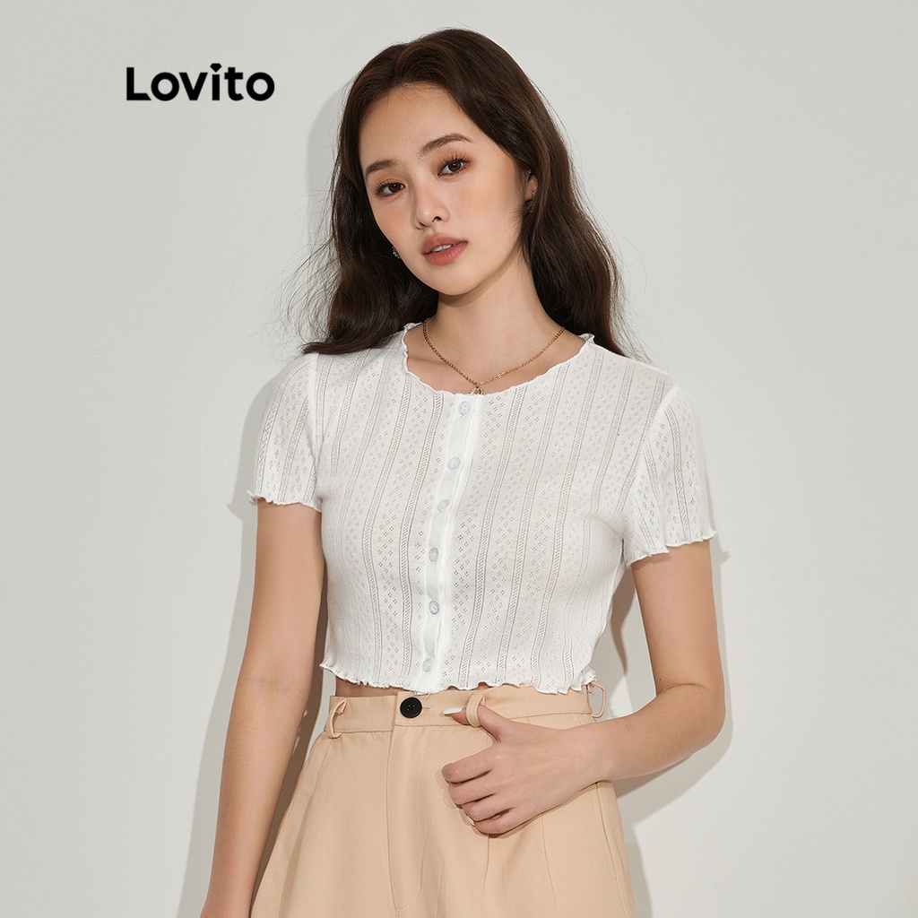 Áo thun LOVITO nút cài trước cổ tròn tay ngắn màu trơn thường ngày dành cho nữ L45ED007 (màu trắng)