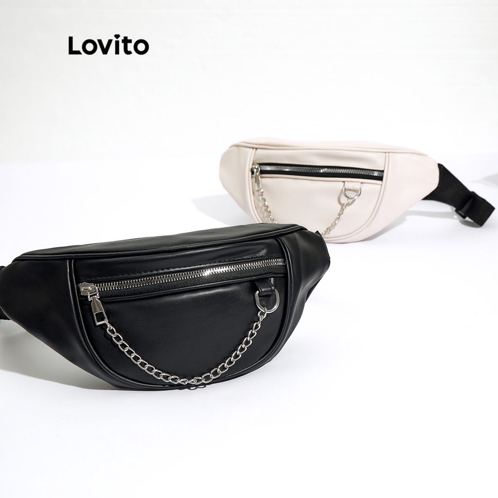Túi đeo ngang eo LOVITO dây canvas chuỗi xích kim loại màu trơn thường ngày cho nữ L46BA006 (màu trắng/ màu đen)
