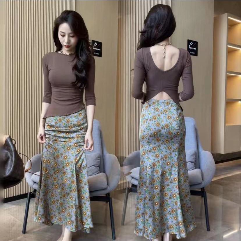 Set Áo Hai Dây + Chân Váy Đuôi Cá In Họa Tiết Hoa Hướng Dương Thời Trang Sang Trọng Cho Nữ