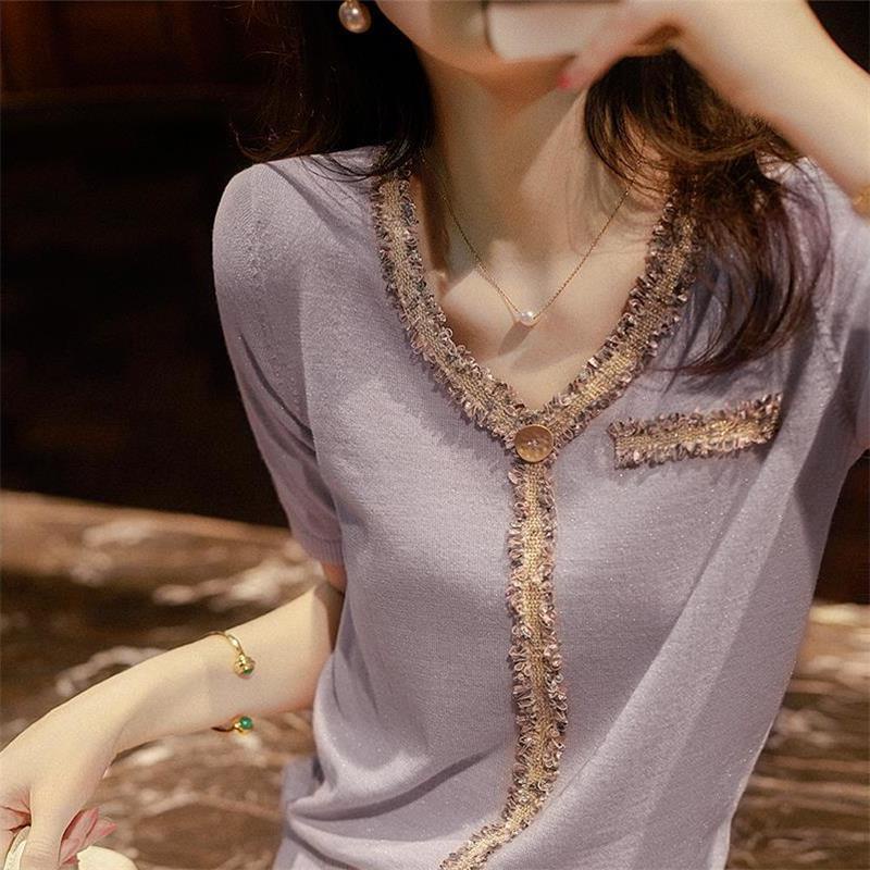 Áo Thun Tay Ngắn Cổ Chữ V Bằng Lụa Lạnh Phối Ren Tua Rua Màu Tím Phong Cách Xiaoxiang Thời Trang Mùa Hè Hàng Mới Dành Cho