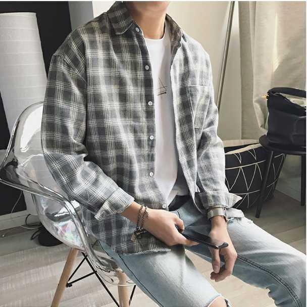 Áo sơ mi nam kẻ caro S-3XL áo sơ mi nam rộng rãi phong cách Hàn Quốc cho các cặp đôi phong cách Hồng Kông mẫu mới dài tay áo khoác