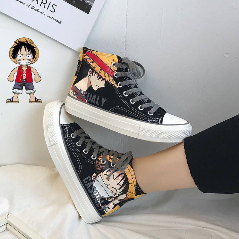 35-44 Black One Piece hợp thời trang giày vải cao cổ nam nữ anime Hàn Quốc dễ phối đồ giày thể thao thường ngày graffiti giày thể thao