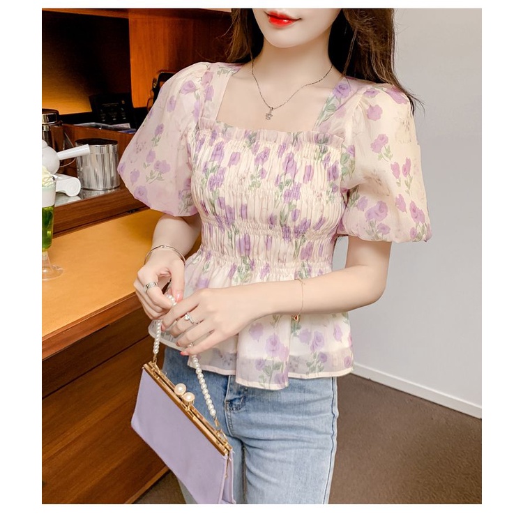 Áo Sơ Mi Chiffon Cổ Vuông Tay Phồng In Họa Tiết Hoa Thời Trang Mùa Hè Cho Nữ