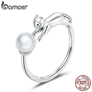 Nhẫn Bamoer SCR683 bạc 925 hình chú mèo vờn quả bóng tinh nghịch dạng mở đính ngọc trai nhân tạo cho nữ