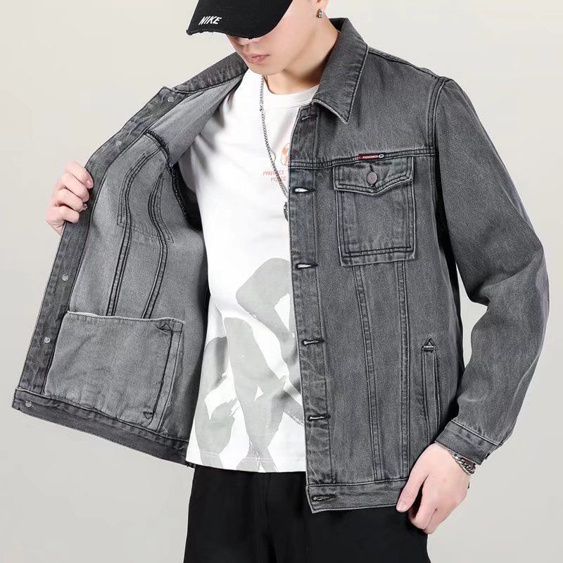 Áo khoác bò kiểu Nhật đẹp trai M-5XL áo jacket thanh niên rộng rãi thương hiệu thời trang nam thêu chữ màu xanh nhạt dễ phối