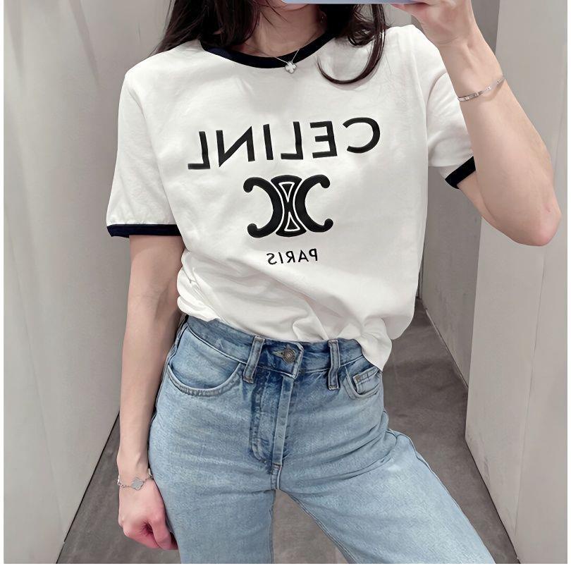 celin Áo Thun Nữ Ngắn Tay In Chữ Phong Cách Cổ Điển