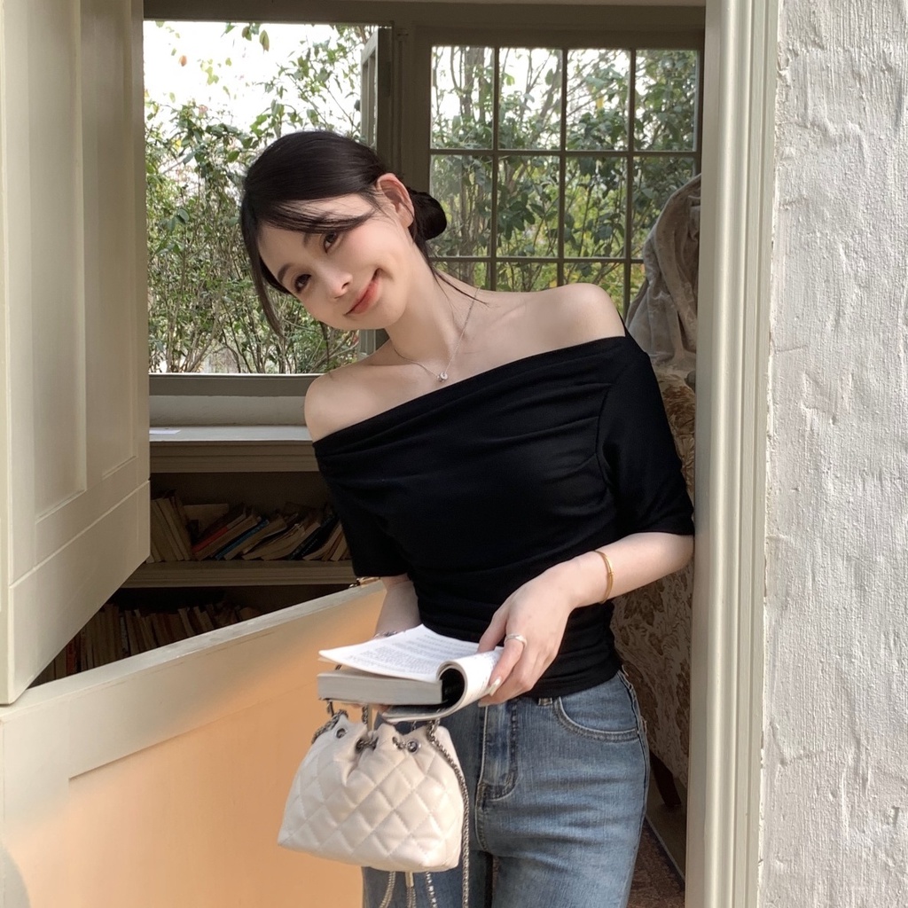 Jiashucheng Áo Thun Ngắn Tay Trễ Vai Ôm Dáng Phong Cách Phương Tây Gợi Cảm Mùa Hè Cho Nữ