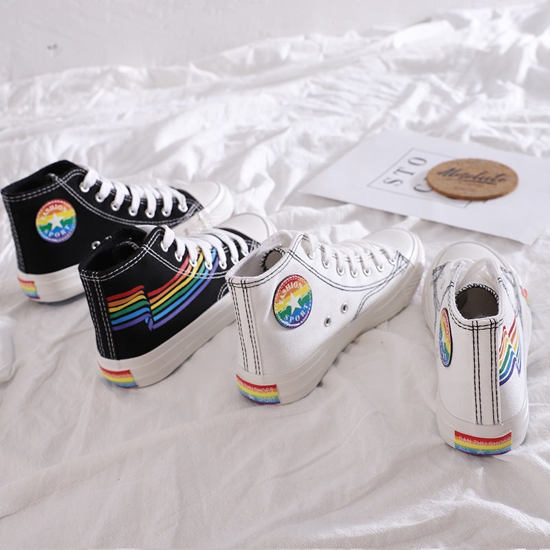 Giày vải bố cao cổ Size35-40 Ins giày trượt ván phong cách Harajuku mẫu mới cầu vồng nữ phong cách Hàn Quốc sành điệu học sinh