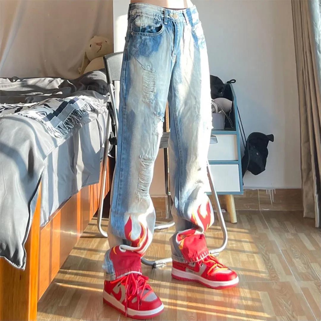 Quần Jean Rách In Hình Ngọn Lửa Phong Cách hip hop Đường Phố Mới Cho Nam Và Nữ