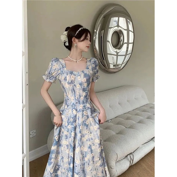 Đầm Hoa Cổ Vuông Dáng Dài Chiết Eo Kiểu Retro Pháp Dễ Thương