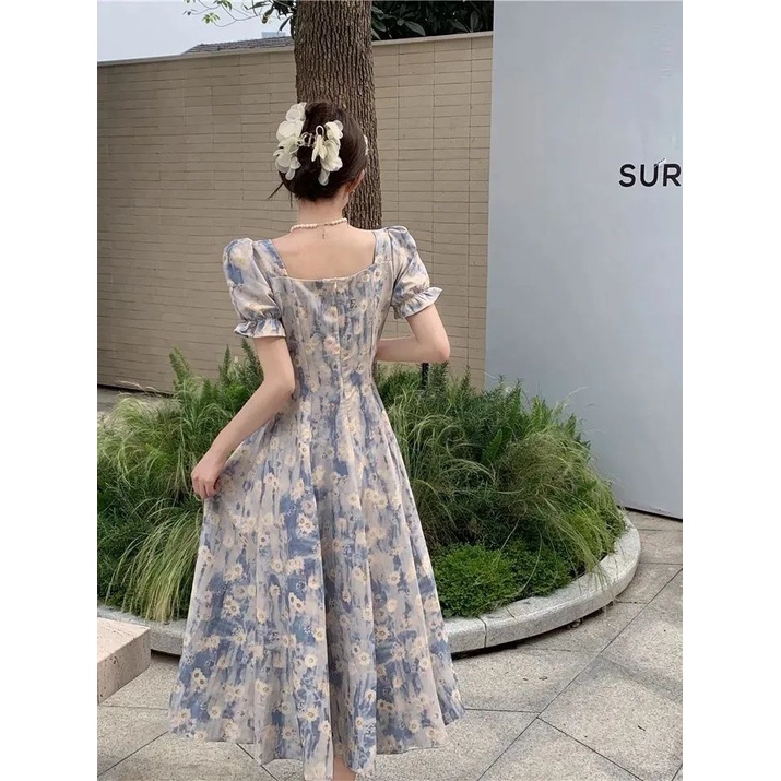 Đầm Hoa Cổ Vuông Dáng Dài Chiết Eo Kiểu Retro Pháp Dễ Thương