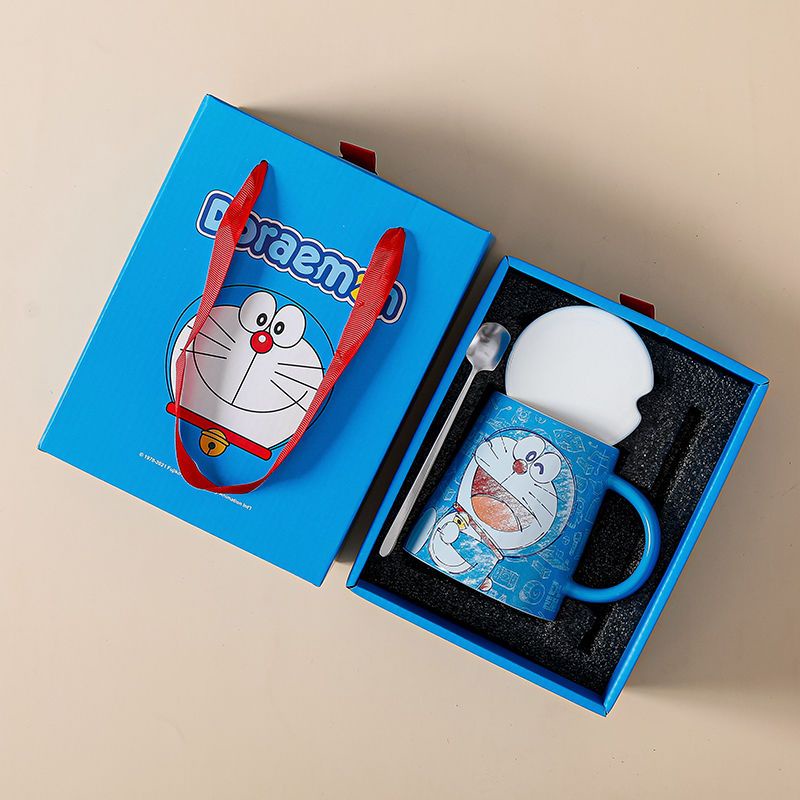 Cốc Sứ Uống Nước In Hình Doraemon Có Nắp Đậy Và Muỗng Kiểu Nhật Hàn