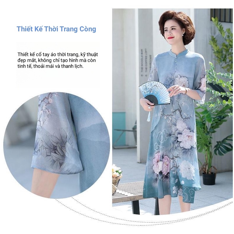 XL-5XL Váy Liền Voan In Hoa Váy Liền Trung Niên Kiểu Tây Dáng Dài Quá Đầu Gối