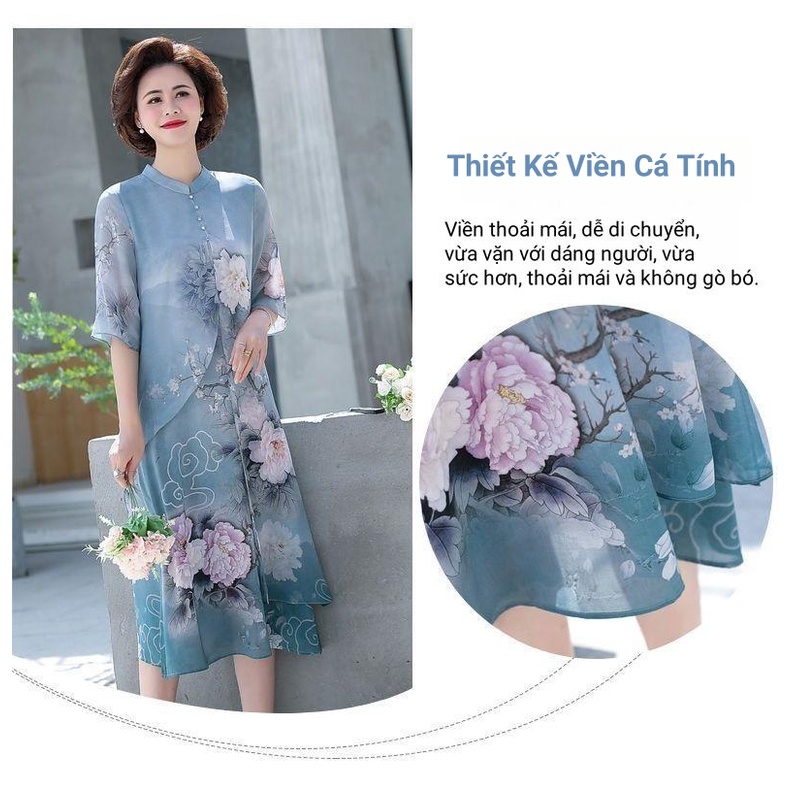 XL-5XL Váy Liền Voan In Hoa Váy Liền Trung Niên Kiểu Tây Dáng Dài Quá Đầu Gối