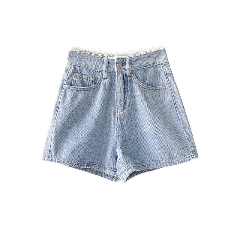 Jiashucheng Quần Short Denim Dáng Chữ a Ống Rộng Lưng Cao Phối Ren Nhẹ Nhàng Dễ Phối Đồ Cho Nữ
