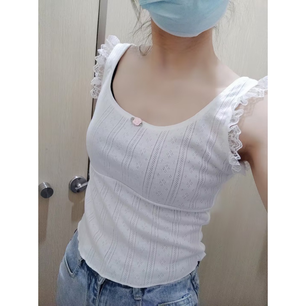 Áo Crop Top Y2K Phối Ren Màu Trắng Sữa Phong Cách Vintage Thập Niên 90 Dễ Thương