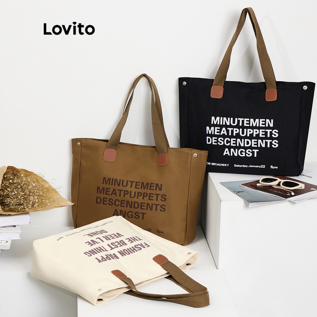 Túi tote LOVITO sức chứa lớn canvas dây tương phản đính đá chữ cái thường ngày cho nữ L46BA003 (kaki/ trắng ngà/ đen)