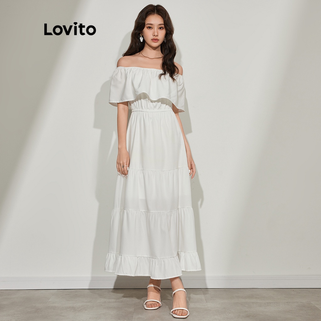Đầm LOVITO maxi dáng chữ A hở vai 3 cách mặc nhún bèo màu trơn phong cách boho cho nữ L45ED071 (màu trắng)