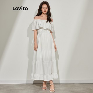 Đầm LOVITO maxi dáng chữ A hở vai 3 cách mặc nhún bèo màu trơn phong cách boho cho nữ L45ED071 (màu trắng)