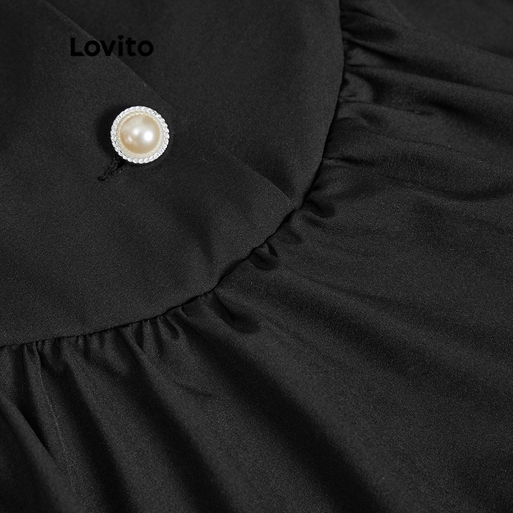 Đầm Lovito màu trơn phối nút dễ thương cho nữ L45AD043 (màu đen)