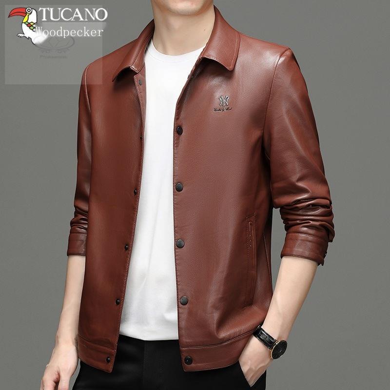 Áo Khoác Da Cổ Vest Dáng Ôm Thời Trang Xuân Thu Cho Nam Giới Trung Niên