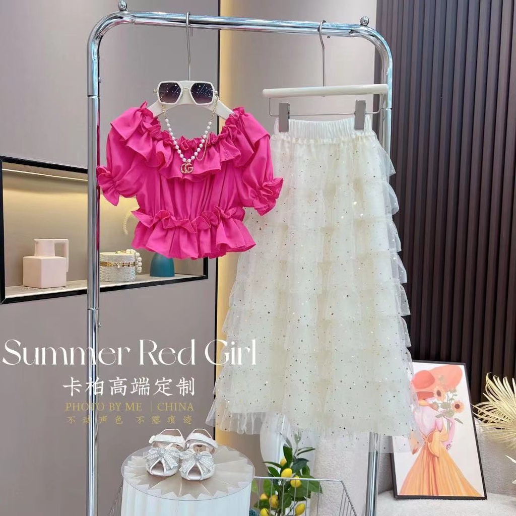 Set Áo Hở Vai Phối Bèo Nhún + Chân Váy Lưới Đính Kim Sa Thời Trang Mùa Hè Cho Nữ