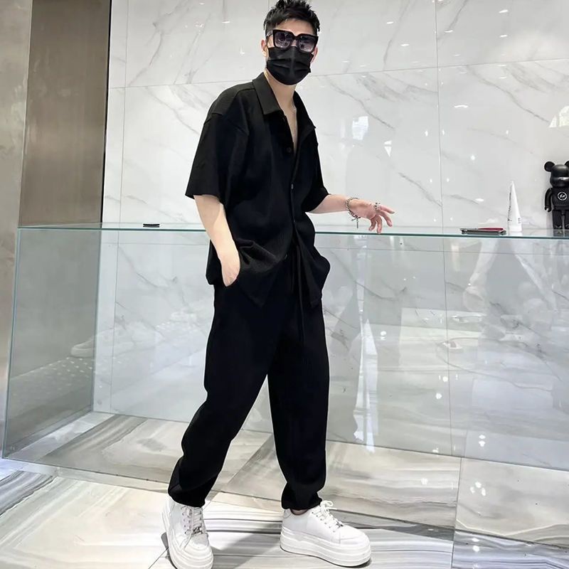 Set Áo Sơ Mi Ngắn Tay Và Quần Dài Ống Rộng Thời Trang Mùa Hè Dành Cho Nam