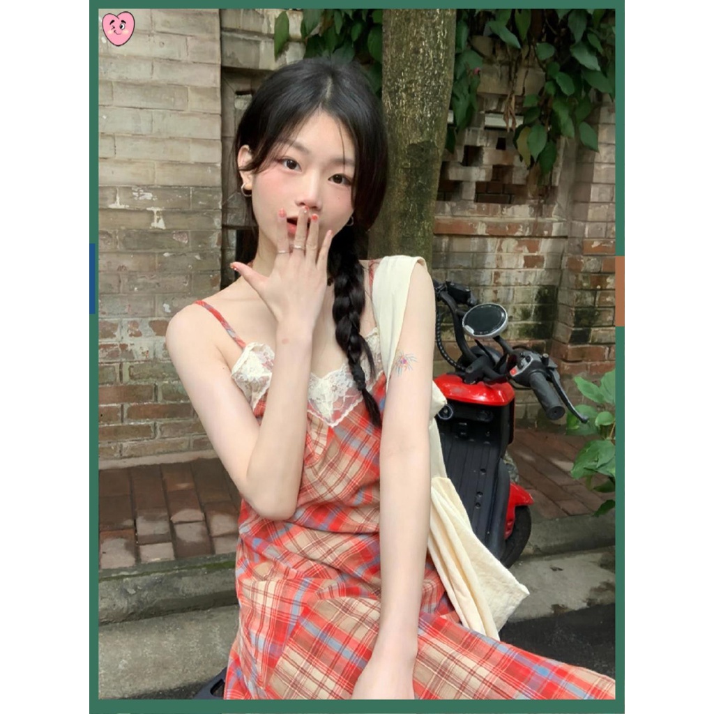 đầm cổ yếm váy yếm đầm babydoll Đầm Hai Dây Phối Ren Họa Tiết Kẻ Ô Phong Cách Pháp Cổ Điển Thời Trang Mùa Hè 2023 Mới